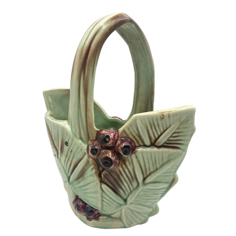 VTG McCoy Pottery Art Handled Basket Leaves and Berries Vase Brown Green